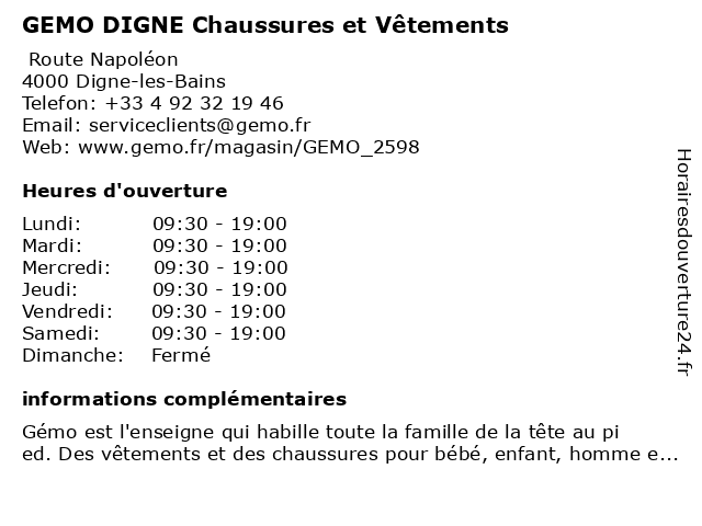 Horaires d ouverture GEMO DIGNE Chaussures et V tements